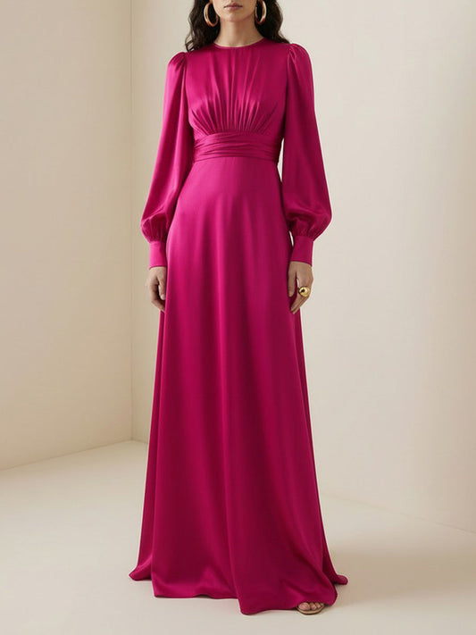 A-Line Elasticated Waist Pleated Solid Color Split-Joint Round-Neck Maxi Dresses