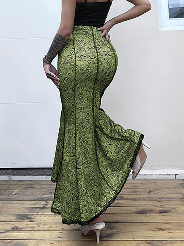 High Waisted Mermaid Elasticity Floral Printed Split-Joint Skirts