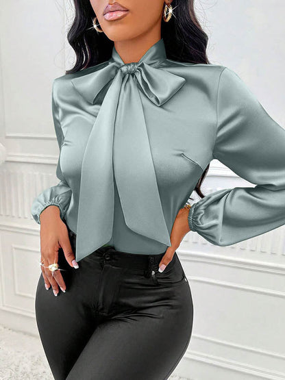 Long Sleeves Loose Bow-Embellished Pleated Solid Color Split-Joint Scarf Collar Blouses&Shirts Tops
