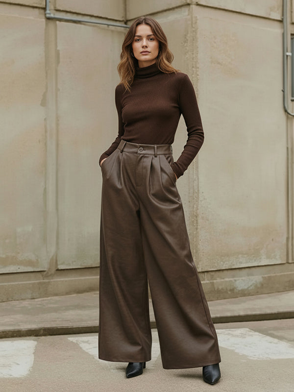 High Waisted Leather-Like Wide Leg Pants