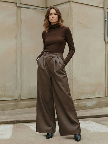 High Waisted Leather-Like Wide Leg Pants