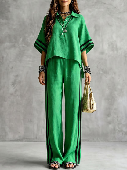 Striped Pockets Elasticity Contrast Color Wide Leg High Waisted Trousers Pants