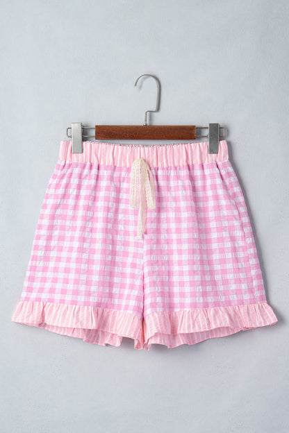 Sky Blue Gingham Print Ruffle Striped Detail Lace Tie Shorts