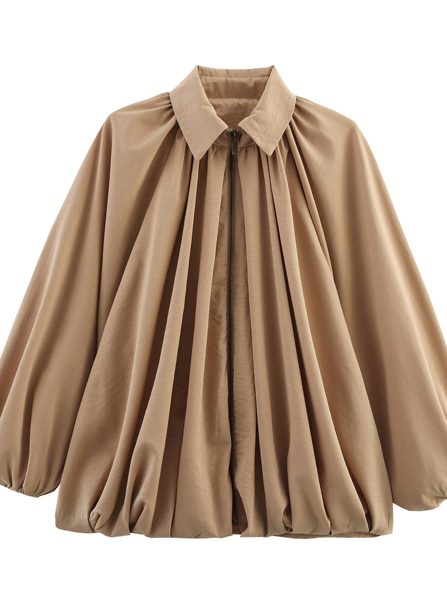 Zipper Solid Color Pleated Puff Sleeves Loose Lapel Outerwear