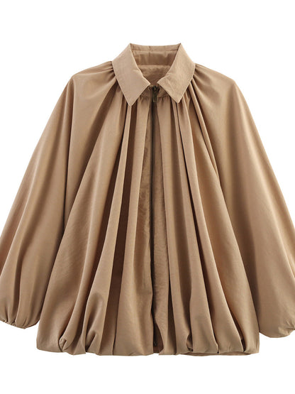 Zipper Solid Color Pleated Puff Sleeves Loose Lapel Outerwear