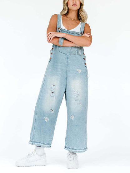 Cropped Wide Leg Buttoned Pockets Solid Color Adjustable Straps Overalls