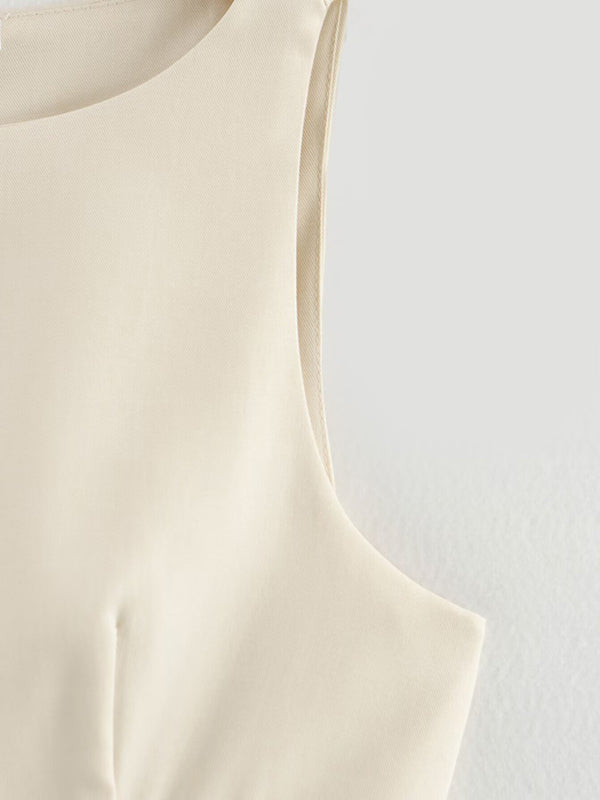 Mini-robe trapèze ample plissée de couleur unie avec fermeture éclair et col rond 