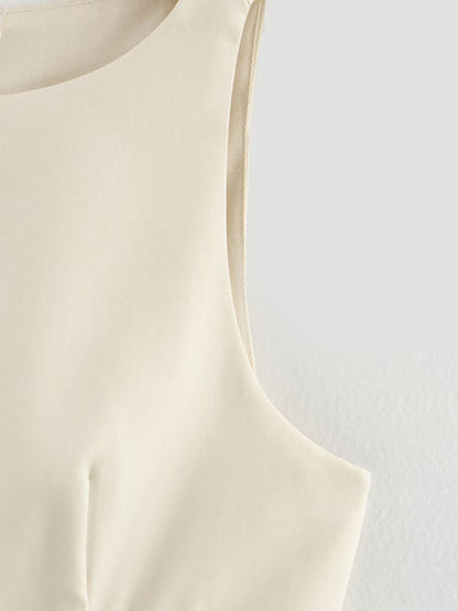 Mini-robe trapèze ample plissée de couleur unie avec fermeture éclair et col rond 