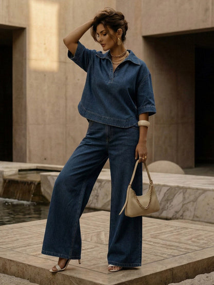 Half Sleeves Loose Buttoned Solid Color Split-Joint Lapel Blouses&shirts Tops
