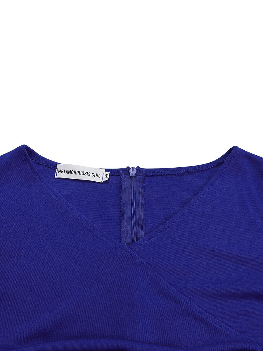 Solid Color Pleated Belted Short Sleeves Plus Size V-neck Midi Dresses