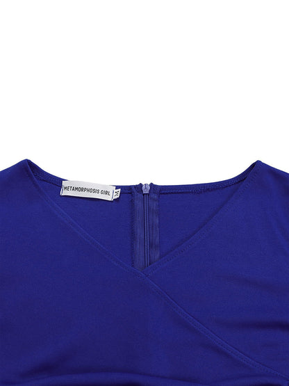 Solid Color Pleated Belted Short Sleeves Plus Size V-neck Midi Dresses