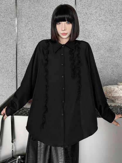 Hipster Long Sleeves Buttoned Falbala Ruffled Solid Color Split-Joint Lapel Blouses&Shirts Tops