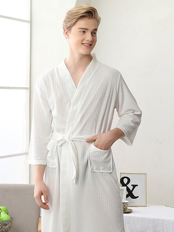 Comfortable Solid Bandage Thin Pajama Robe WHITE Men