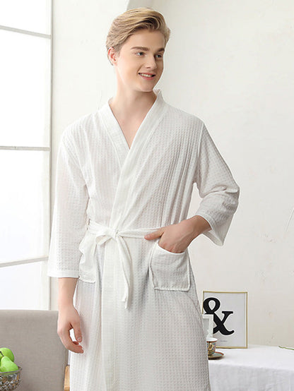 Comfortable Solid Bandage Thin Pajama Robe WHITE Men