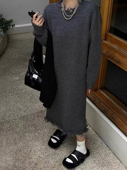 High Waisted Long Sleeves Fringed Solid Color Round-Neck Midi Dresses Sweater Dresses