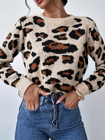 Leopard Loose Long Sleeves Round-neck Sweater Tops Pullovers
