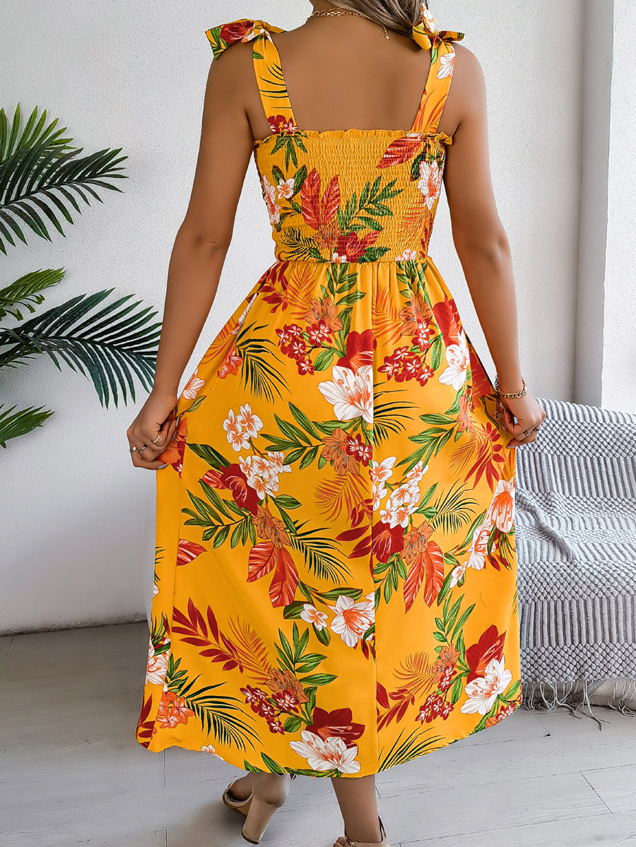 A-Line Loose Contrast Color Elasticity Flower Print Tied Spaghetti-Neck Midi Dresses