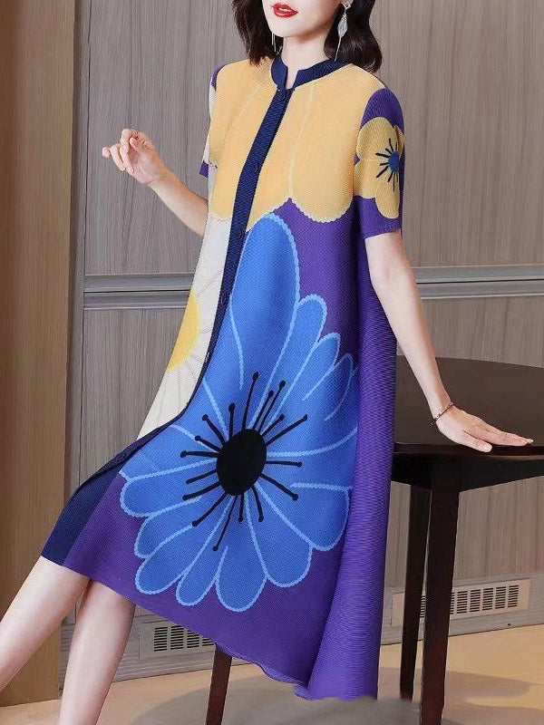 A-Linie Locker geknöpft Blumendruck Plissee Rundhals Midikleider 