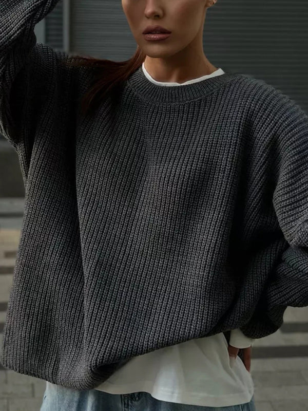 Long Sleeves Loose Solid Color Split-Joint Round-Neck Sweater Tops