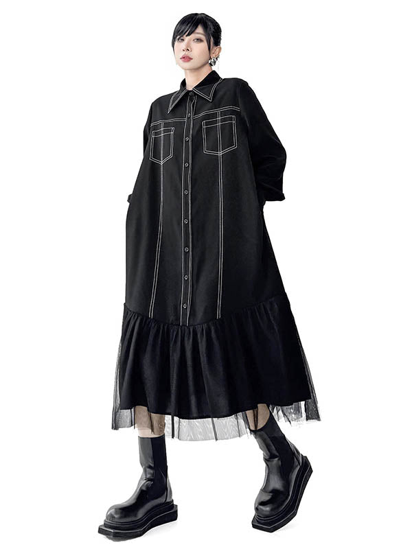 Irregularity Long Sleeves Asymmetric Buttoned Line Solid Color Split-Joint Lapel Midi Dresses Shirt Dress