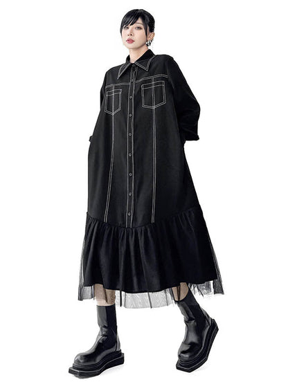 Irregularity Long Sleeves Asymmetric Buttoned Line Solid Color Split-Joint Lapel Midi Dresses Shirt Dress