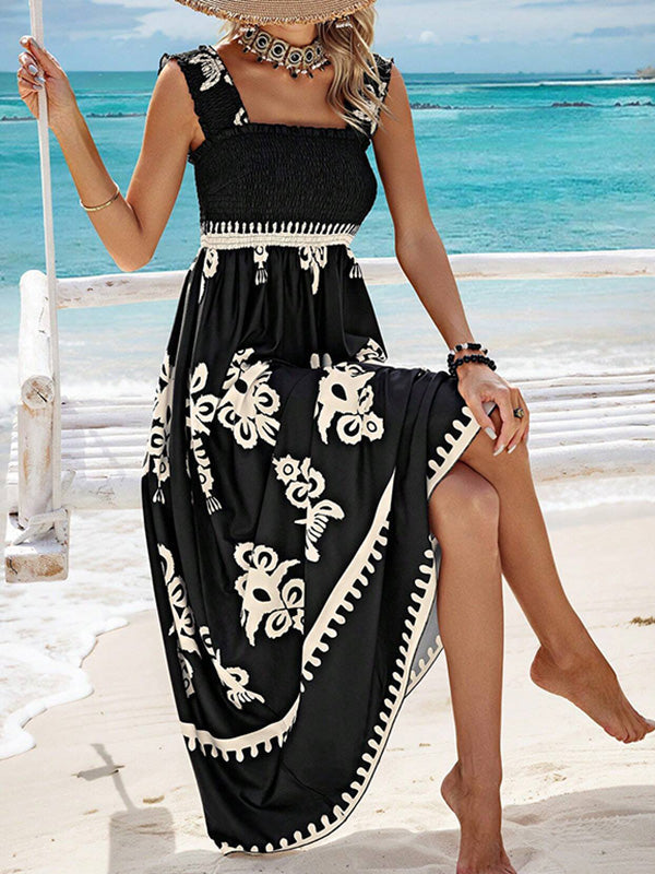 A-Line Loose Elasticity Pleated Printed Split-Joint Square-Neck Maxi Dresses