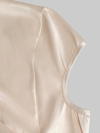 Cap Sleeve Loose Buttoned Solid Color V-Neck Vest Top