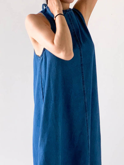 A-Line Loose Pockets Solid Color Tied Round-Neck Maxi Dresses