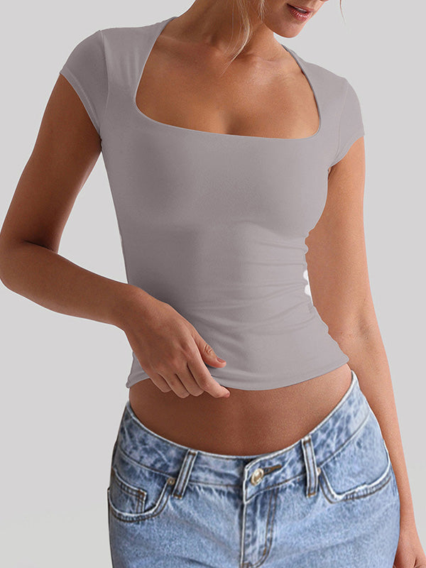 Short Sleeves Skinny Solid Color Square-Neck T-Shirts Tops GRAY
