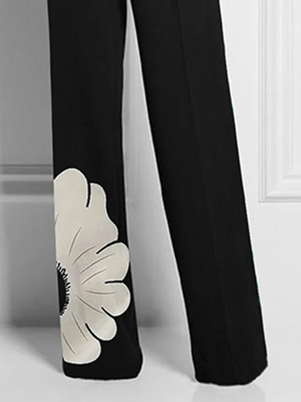 High Waisted Straight Leg Asymmetric Floral Printed Split-Joint Suit Pants