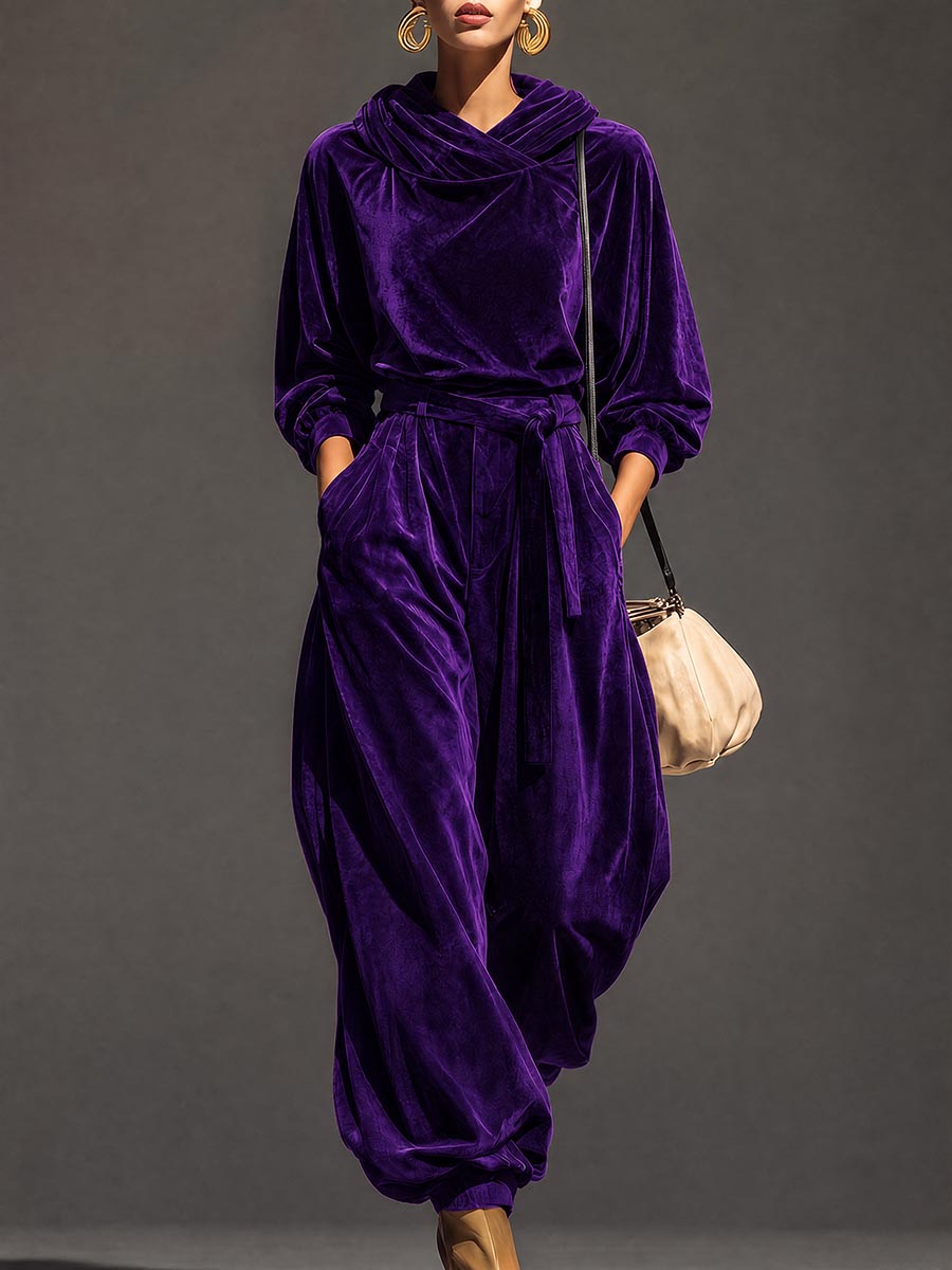 Solid Color Velvet Hooded Long Sleeves Hoodies&sweatshirt Tops + Tied Buttoned Pleated High Waisted Pants Trousers Two Pieces Set