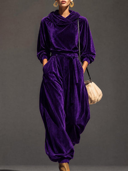 Solid Color Velvet Hooded Long Sleeves Hoodies&sweatshirt Tops + Tied Buttoned Pleated High Waisted Pants Trousers Two Pieces Set