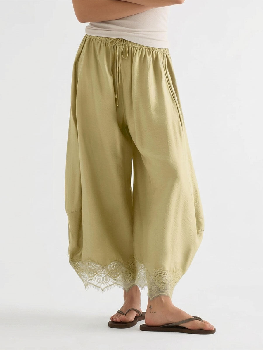 Split-Joint Solid Color Pockets Elasticity Drawstring Wide Leg Loose Trousers Pants