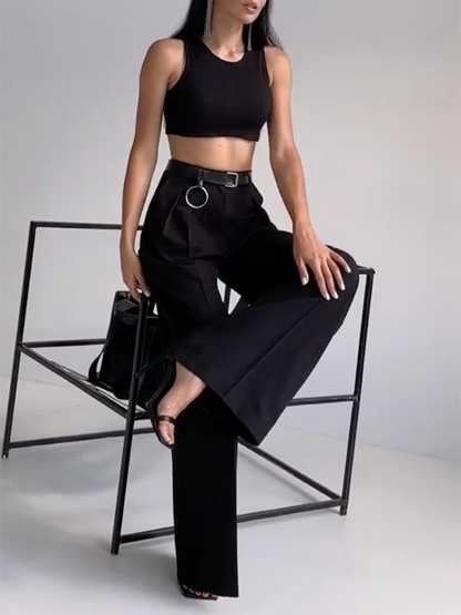 Pantalon de costume taille haute ample plissé de couleur unie à joint fendu 