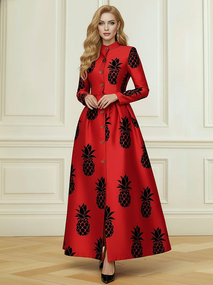A-Line Elasticated Waist Buttoned Contrast Color Pleated Printed Single-Breasted Split-Front Split-Joint Stand Collar Maxi Dresses Shirt Dress