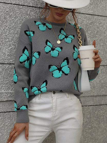 Original Long Sleeves Loose Butterfly Print Contrast Color Round-Neck Sweater Tops