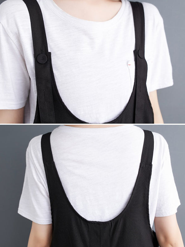 Ninth Pants Wide Leg Buttoned Solid Color Spaghetti-Neck Overalls