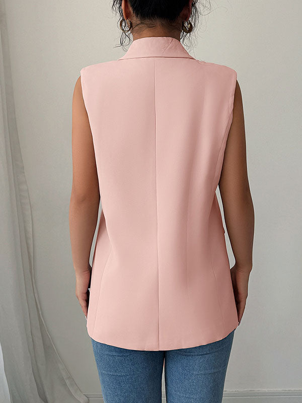 Loose Sleeveless Buttoned Pockets Notched Collar Blazer Vest Top