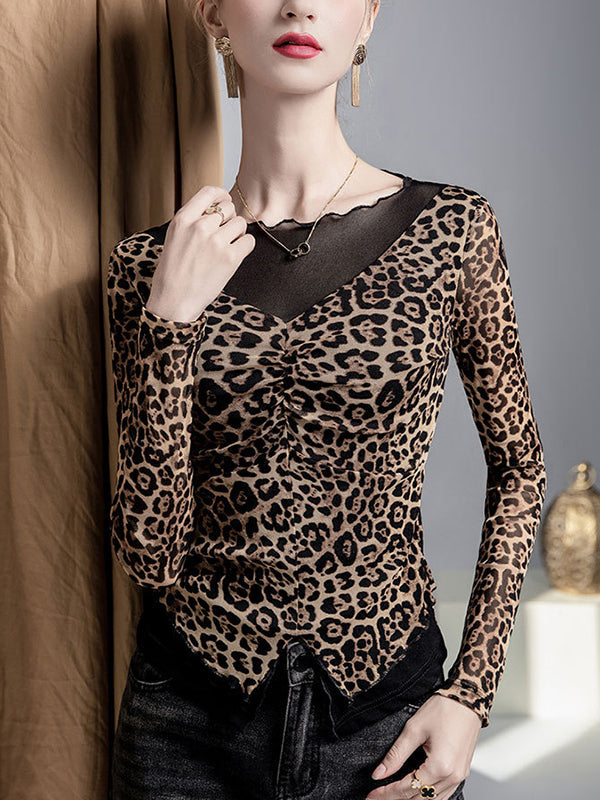 False Two Long Sleeves Leopard Pleated Split-Joint Boat Neck T-Shirts Tops