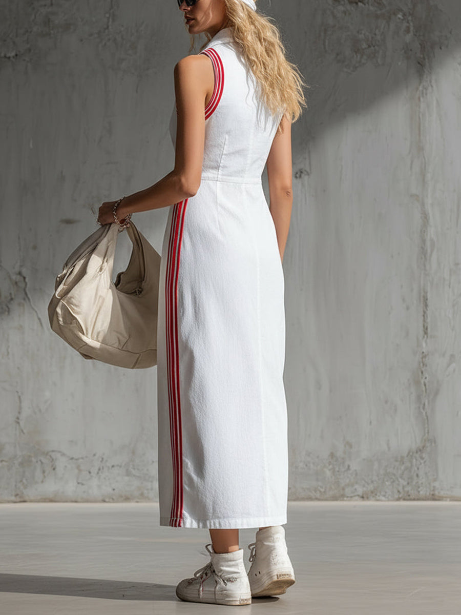 Sleeveless Buttoned Pockets Striped Lapel Maxi Dresses