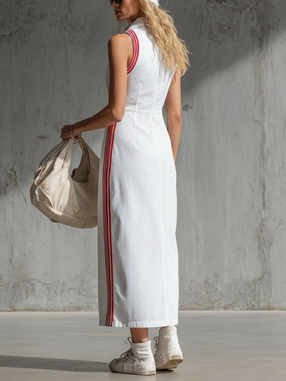 Sleeveless Buttoned Pockets Striped Lapel Maxi Dresses