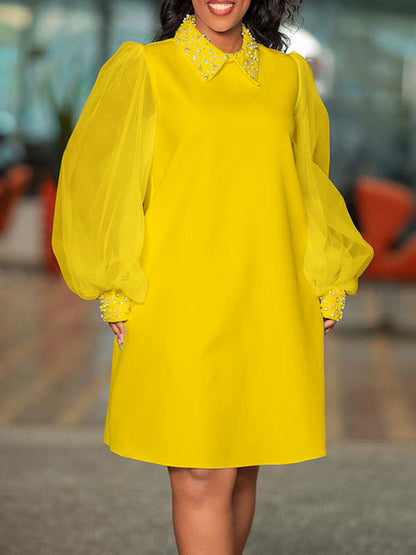 Puff Sleeves Beads Mesh Solid Color Split-Joint Round-neck Midi Dresses