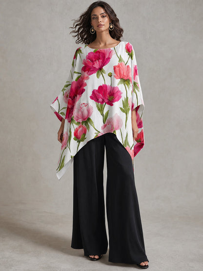 Flower Print Asymmetric Three-quarter Sleeves Loose Round-neck Blouses&shirts Tops