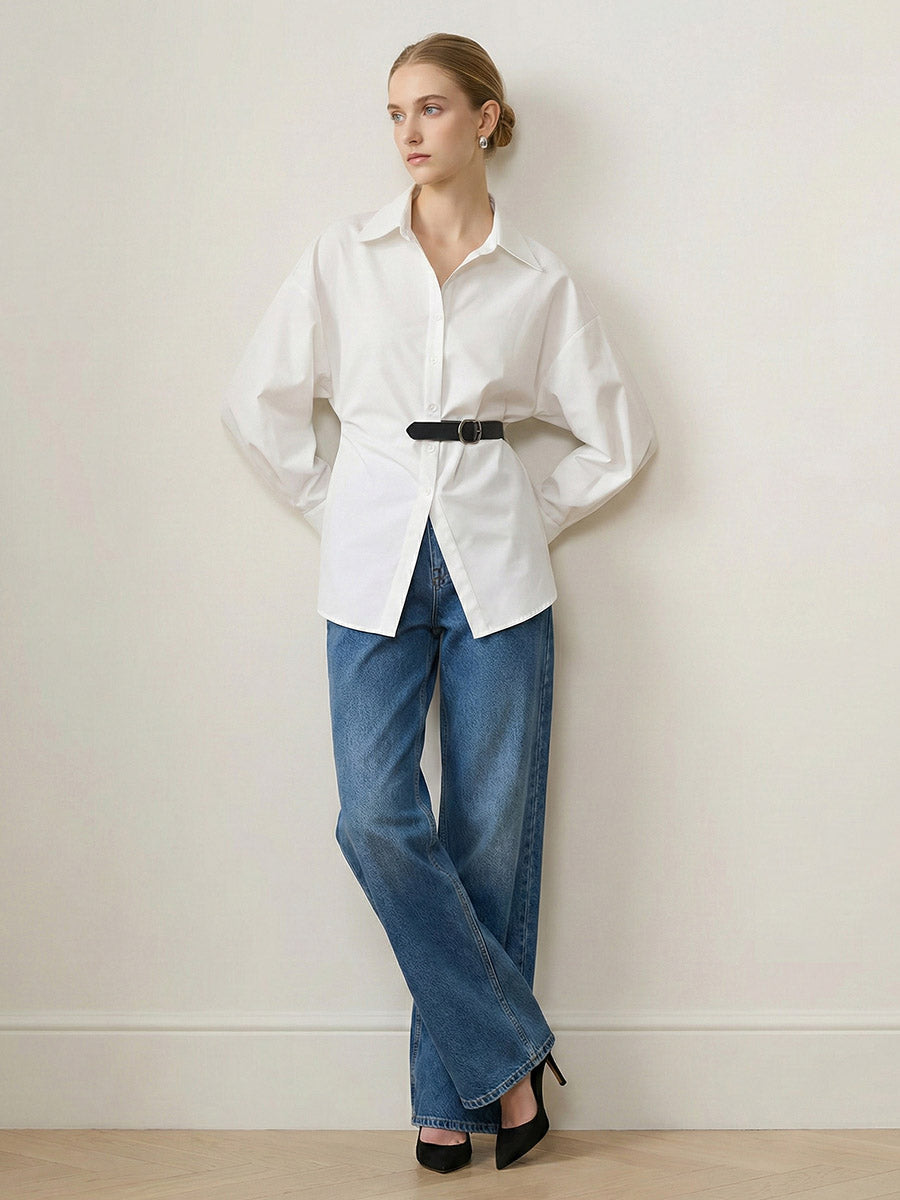Long Sleeves Loose Belted Buttoned Contrast Color Split-Joint Lapel Blouses&Shirts Tops