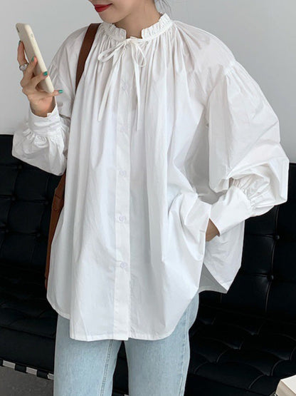 Urban Loose Puffärmel Agaric Laces Falbala Einfarbige Blusen 