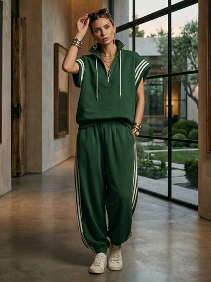 Ankle-Tied Loose Contrast Color Pleated Pockets Split-Joint Striped Pants Trousers