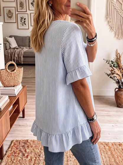 Half Sleeves Loose Pleated Ruffle Trim Striped Round-Neck Blouses&Shirts Tops