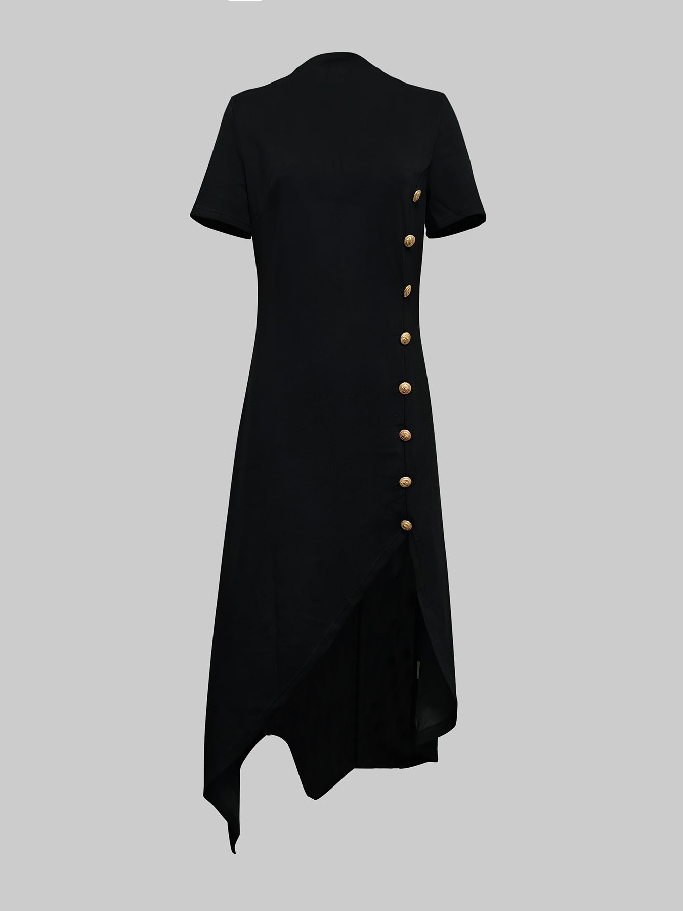 Robe longue boutonnée à manches courtes et col rond, couleur unie 