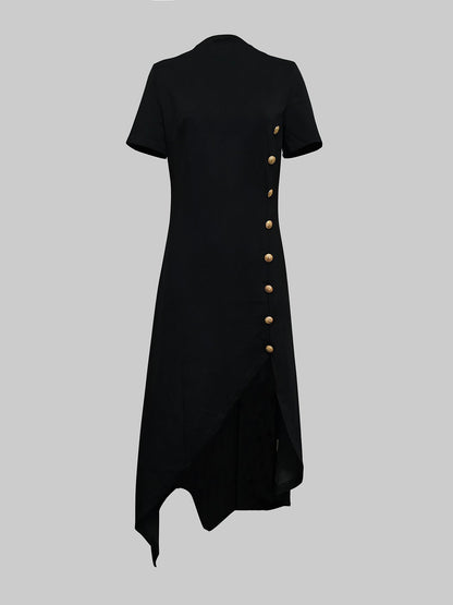 Robe longue boutonnée à manches courtes et col rond, couleur unie 