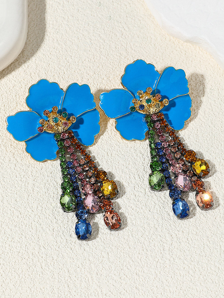 Flower Shape Rhine Stones Tasseled Earrings Accessories